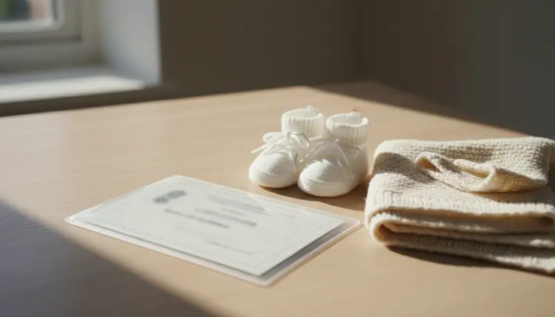 Birth certificate beside a pair of baby shoes
