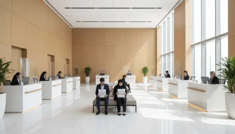 Bright customer service hall with counters where documents are submitted