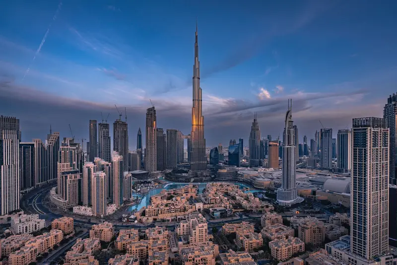 Burj Khalifa and the Downtown Dubai skyline at dusk