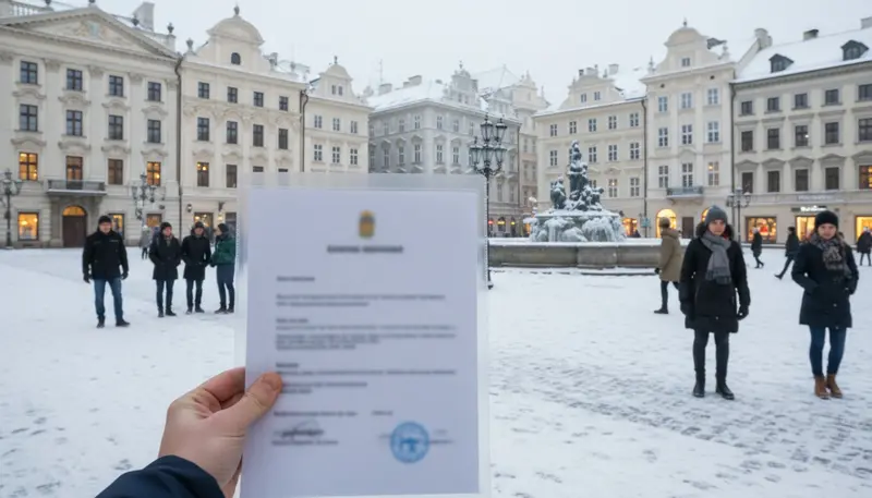 Certificate folder in a snowy Eastern European city square