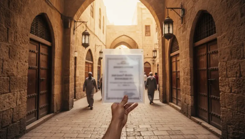 Certificate folder in a sunlit Arab old city lane