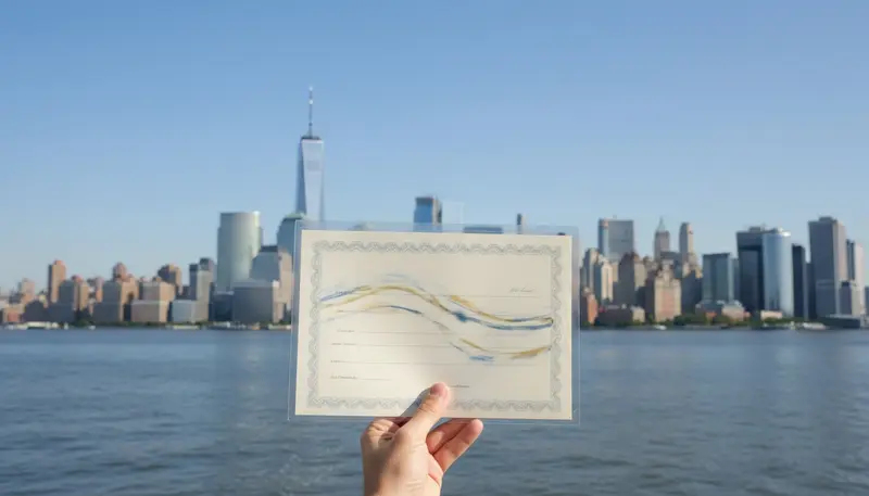 Certificate folder in front of the New York skyline