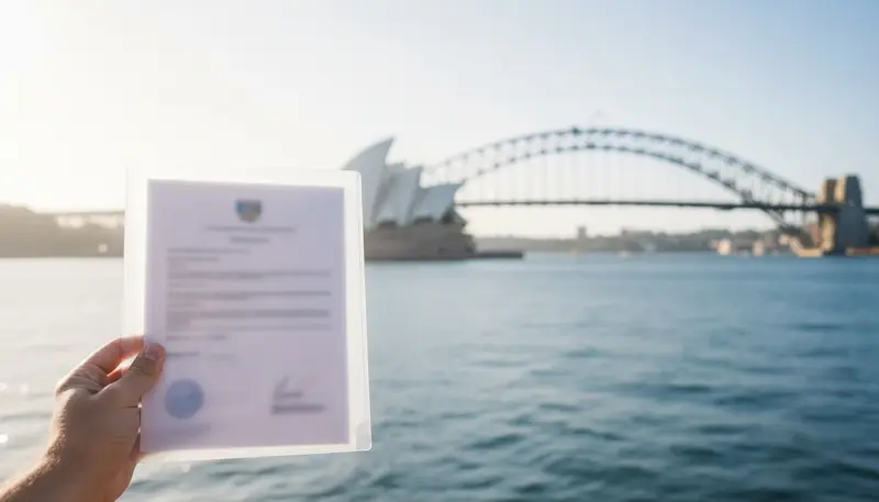 Certificate folder with Sydney Harbour behind