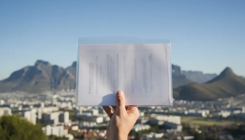Certificate folder with Table Mountain in Cape Town behind