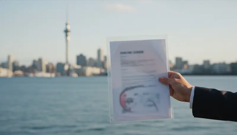 Certificate folder with the Auckland harbour behind
