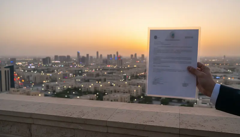Certificate folder with the Riyadh skyline at dusk