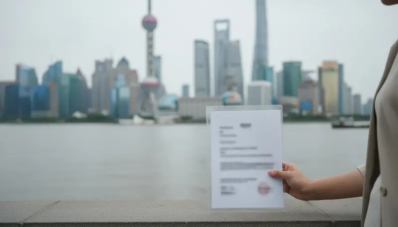 Certificate folder with the Shanghai skyline behind