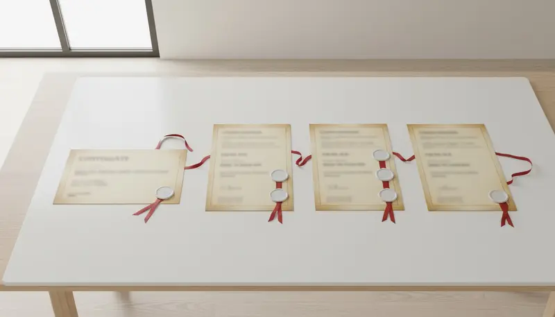 Certificate passing through a chain of official seals on a desk