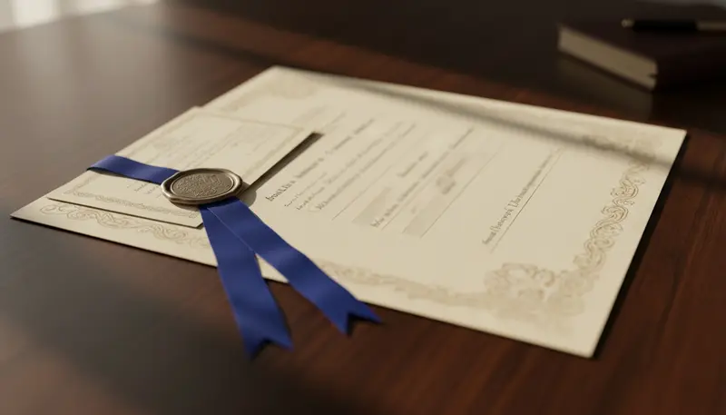 Certificate with an attached seal certificate and ribbon
