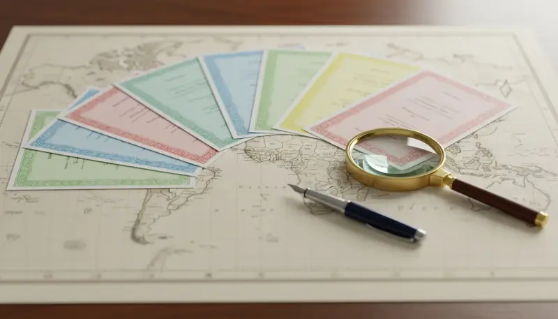 Certificates from different countries on a desk with a world map