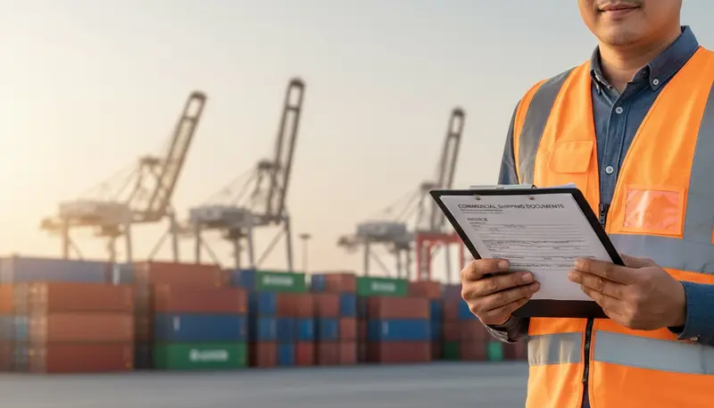 Commercial invoice and shipping documents with cargo containers behind