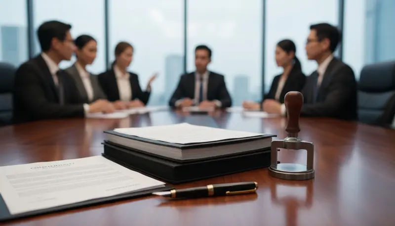 Company incorporation documents on a boardroom table
