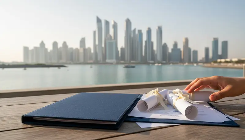 Document folder on a terrace table with the Abu Dhabi Corniche skyline behind