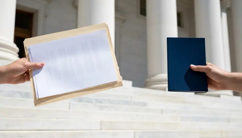 Documents and a passport-style booklet in front of a classical embassy building