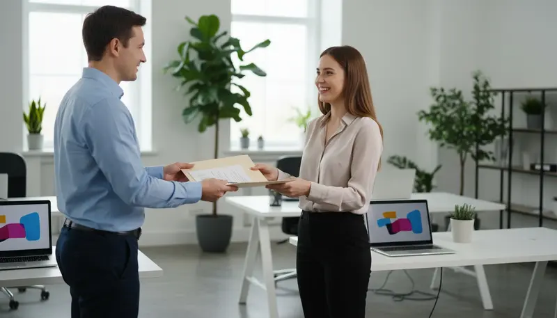 Employer handing an experience letter to an employee in an office