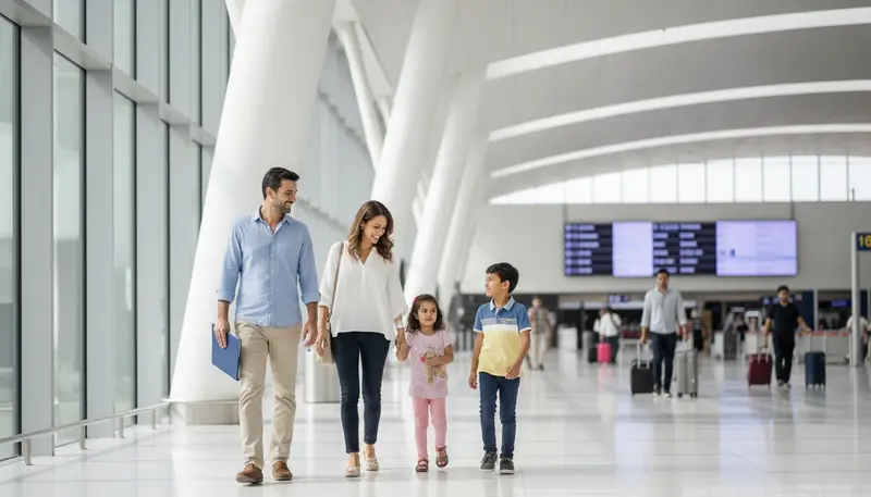 Family arriving at Dubai airport holding a document folder