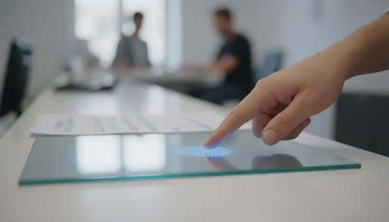 Fingerprint scan on a glass scanner at a service counter