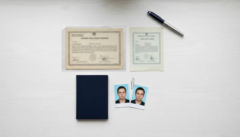 Flat lay of the documents needed for attestation: certificate, passport copy and photos