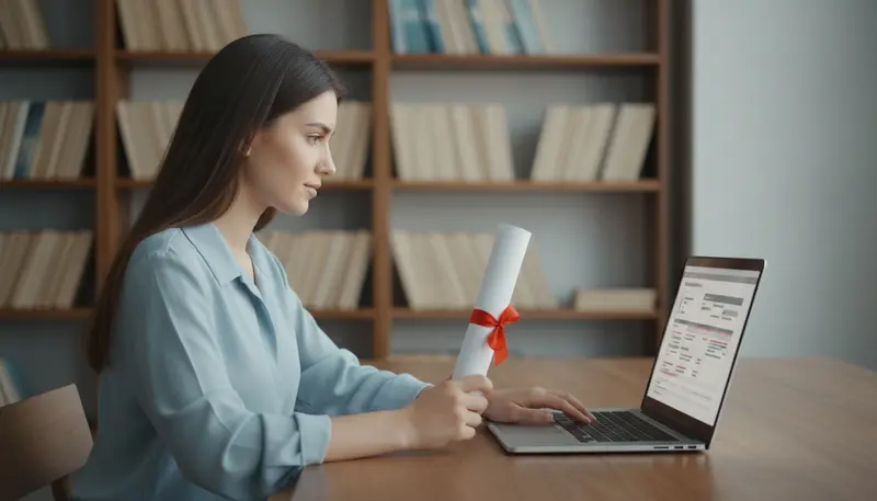 Graduate holding a diploma beside a laptop showing an application form