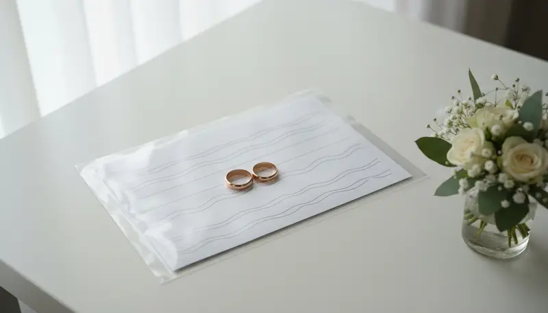 Marriage certificate with two wedding rings on a desk