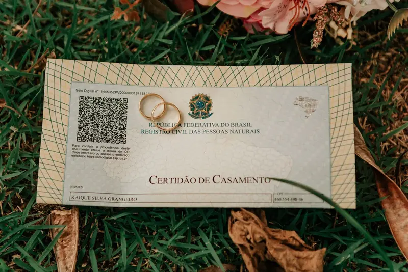 Marriage certificate with two wedding rings resting on it