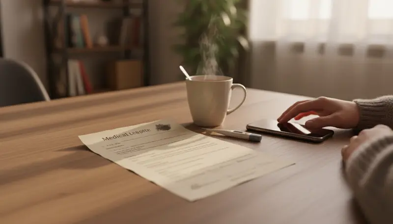 Medical leave certificate and a phone on a home table