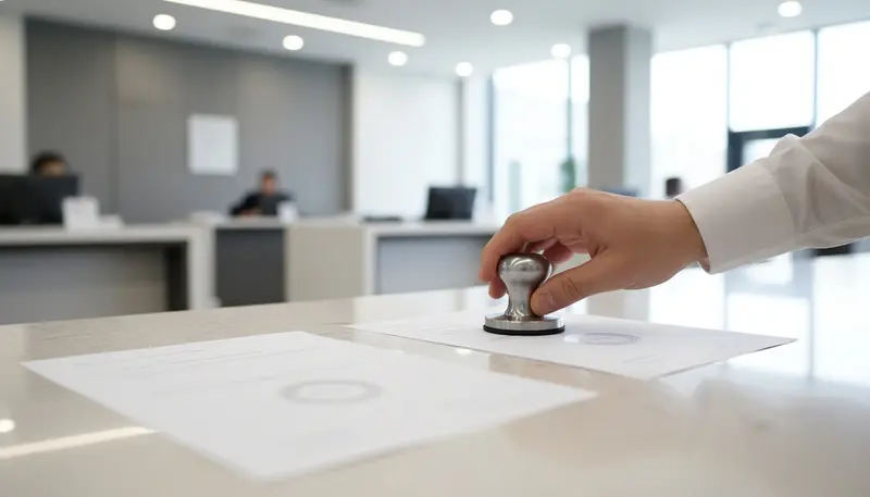 Official embossed seal being pressed onto a certificate at an attestation counter