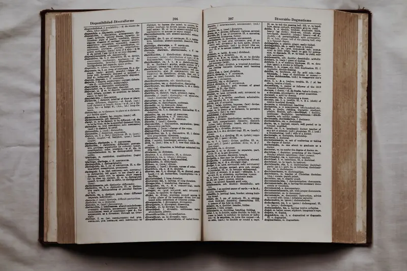 Open dictionary with English and Spanish translations