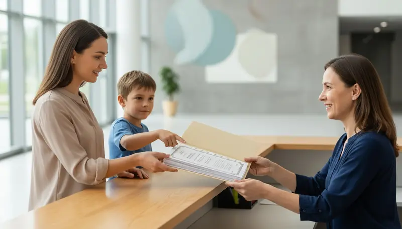 Parent and child at a school admissions desk with documents
