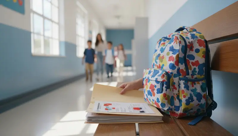 Parent holding school certificates next to a child's backpack