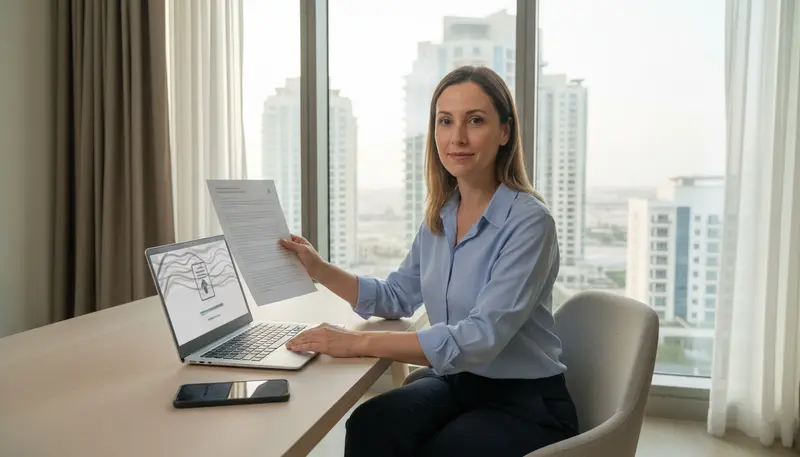 Person uploading a scanned certificate on a laptop at home in Dubai