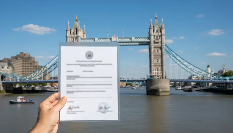 UK degree certificate in a folder with Tower Bridge in London behind