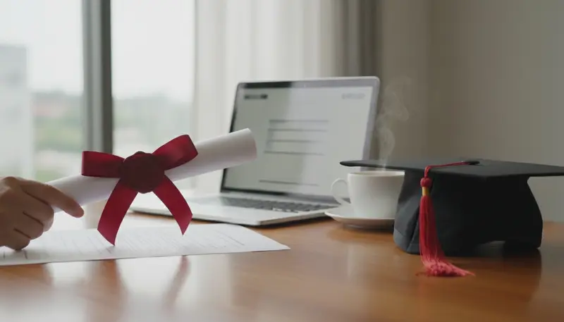 University degree certificate with ribbon and mortarboard on a desk