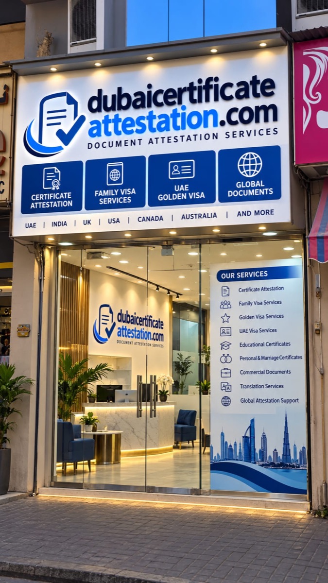 Our office front in Bur Dubai with the services listed on the window